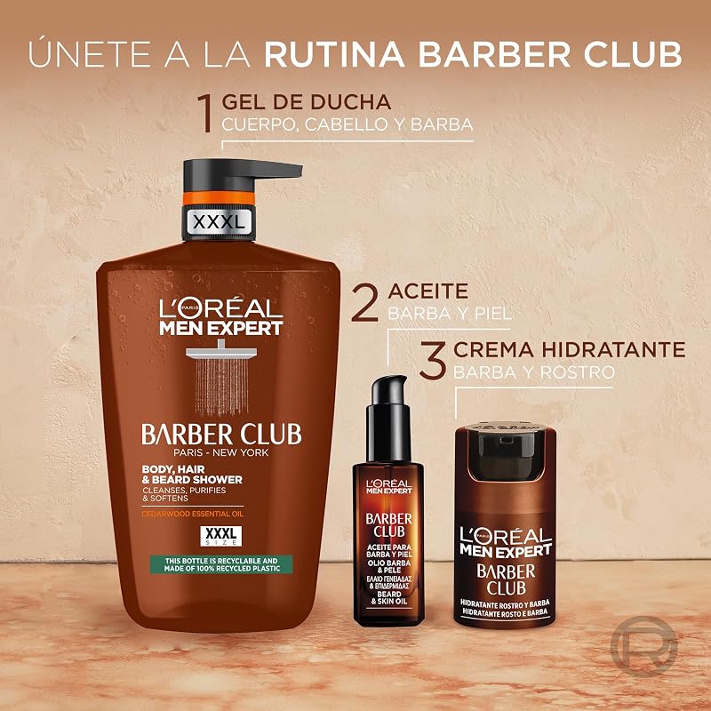 Gel douche Barber Club formulé avec de l'huile de bois de cèdre pour nettoyer, nourrir et hydrater la barbe, la peau et les cheveux, 1L