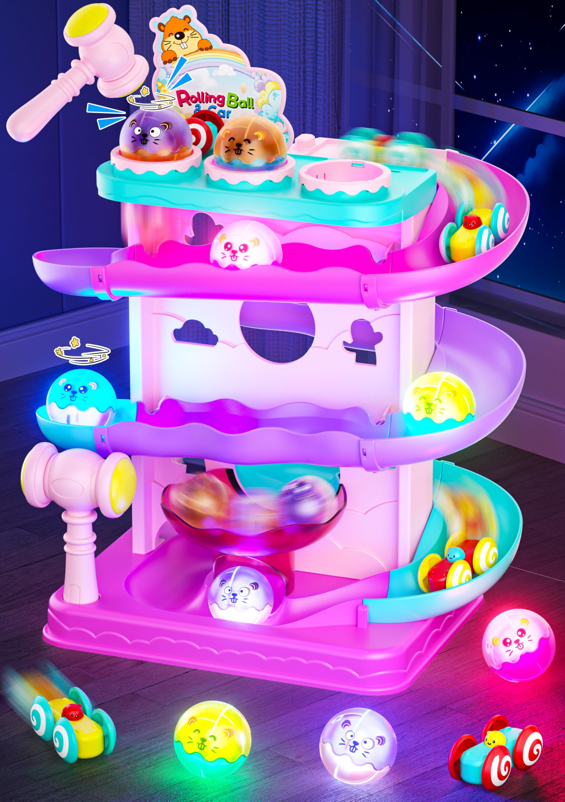 Photo 1 of Funwee 2-in-1 Rolling Ball & Racing Car Ramp Toy for Toddlers, Race Track Hammer Lights Ball Drop, Interactive Montessori Learning Game Birthday Gift Idea for Kids 1 2 3 4 5+Year Old Girl Boy(Pink)