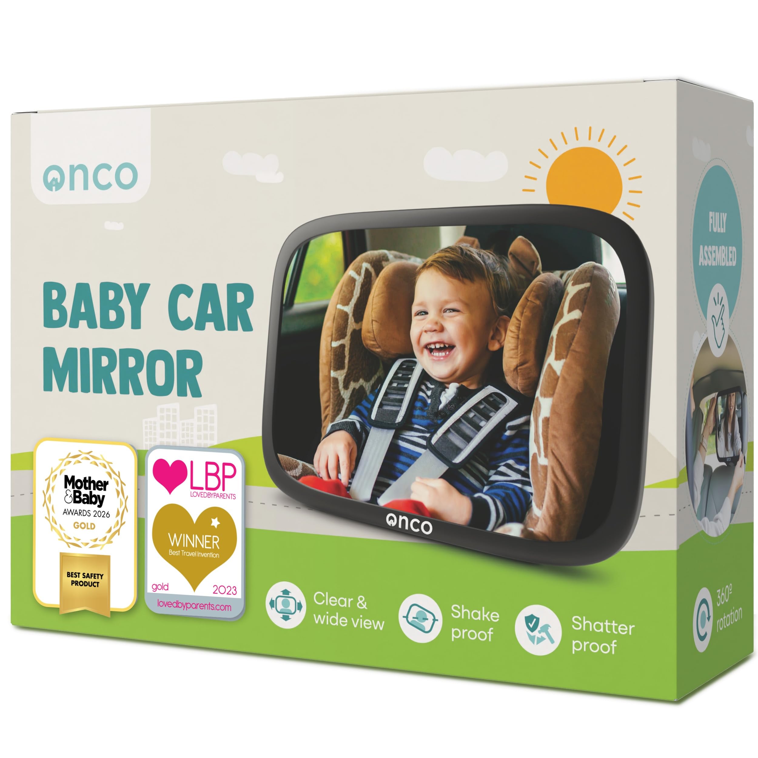 Onco Baby Car Mirror - 100% Shatterproof & Shakeproof, Award-Winning Car Mirror Baby Rear View, Non-Slip with 360° Rotation, Newborn Essentials