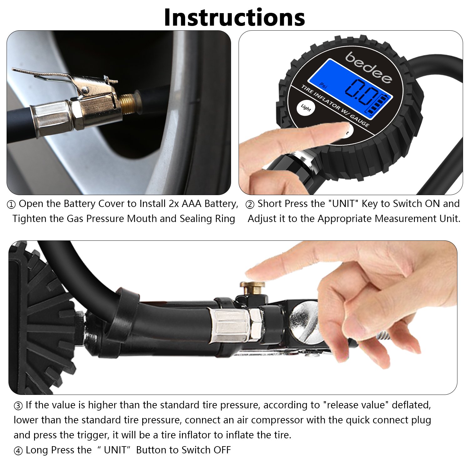 bedee Tyre Inflator, Tyre Pressure Gauge Tyre Pump with LED Light Blow Gun Pressure Gauge Electric Portable Air pump Tyre Inflator/Deflator 200 PSI High-Precision for Car Truck Van Motorcycle