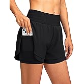 Soothfeel Women's 2 in 1 Running Shorts High Waisted Athletic Shorts Exercise Gym Workout Shorts for Women with Pockets