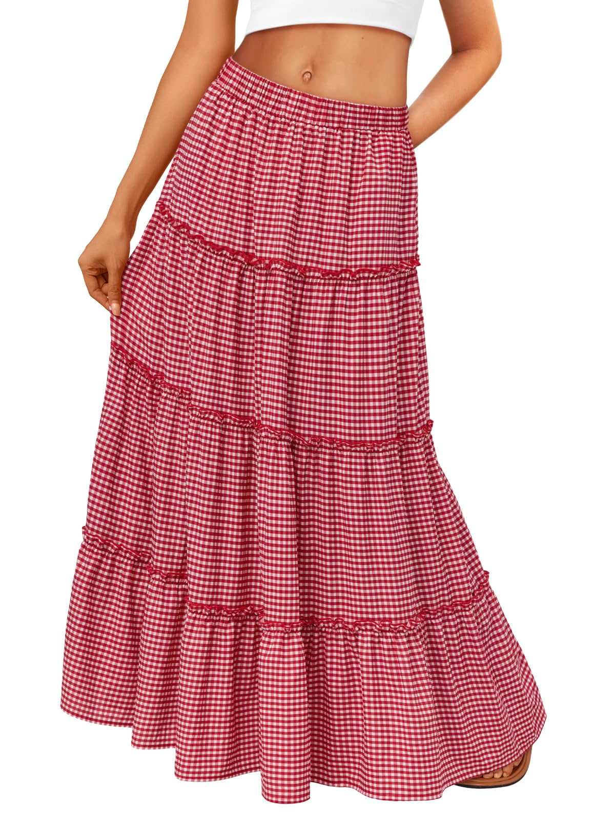 Trendy Queen Long Skirts for Women Boho Maxi Skirt Winter Swing Tiered A-Line Elastic High Waist Dress with Pockets Fashion Red Plaid L Image