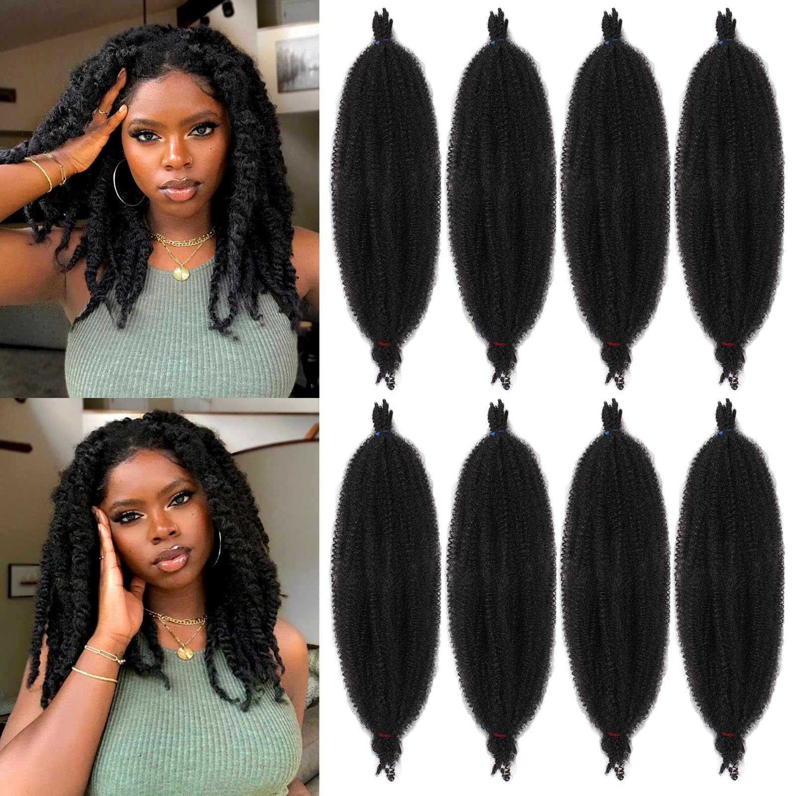 Samtress 22 Inch Springy Afro Twist for Braiding Hair 8 Packs Natural Black Pre-Fluffed Popping Spring Twist Crochet Braids for Distressed Locs Natural Afro Kinky Curly Marley Hair Extensions (#1B) — image 1