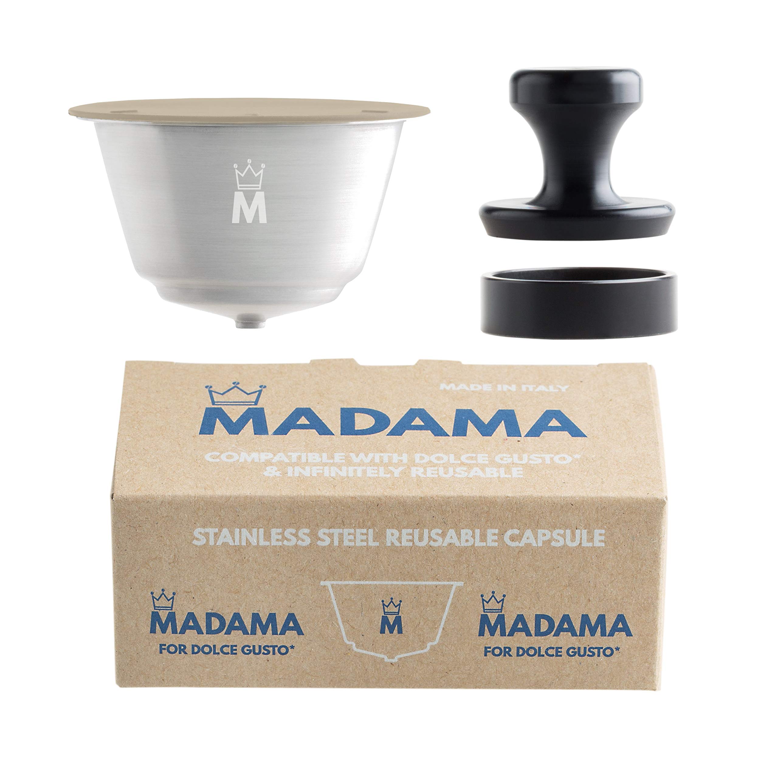 Madama - Refillable and Reusable Capsule Compatible with Dolce Gusto. Stainless Steel and Food-Grade Silicone. Pack of 1 pod