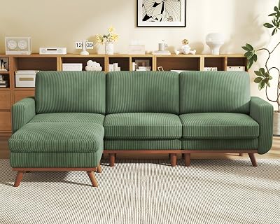 Vesgantti 97" L-Shape Modular Sofa, 3-Seat Corduroy Couch with Movable Ottoman, Sectional Sofa for Living Room, Green