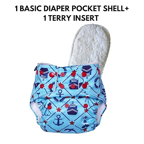 superbottoms Basic Certified Soft Fleece Lined Anchor Print Adjustable Pocket Diaper with 1 Wet-Free Insert with Snaps (One Size, 4 Sizes in 1, 5-17 kg)