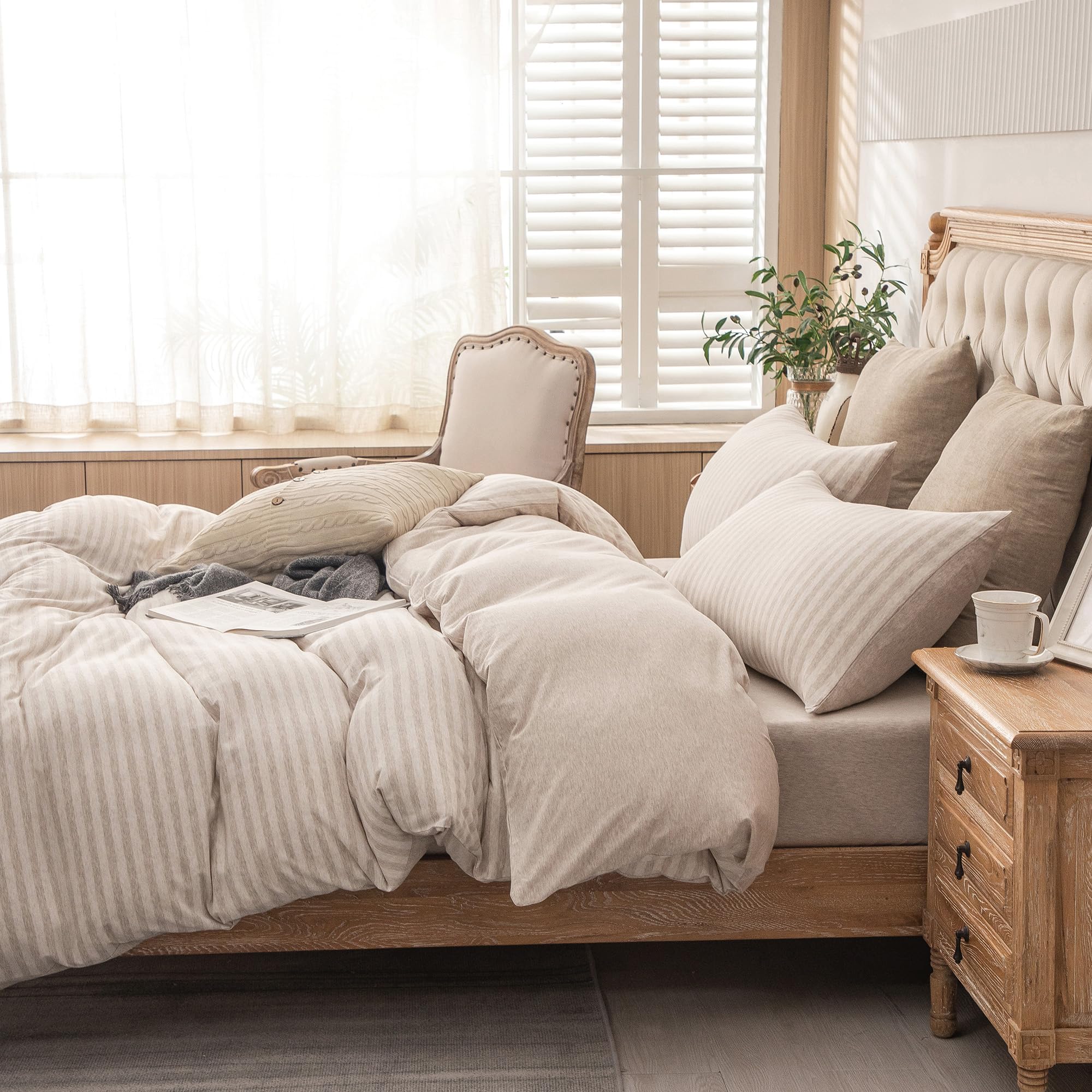 Photo 1 of PURE ERA Jersey Knit Duvet Cover Set 100% T-Shirt Heather Cotton Super Soft Comfy Classic Striped Design, with Zipper Closure, Heather Beige Stripe, Queen