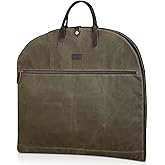 Polare 43” Waxed Canvas Full Grain Leather Trim Carry On Garment Bag for Travel, Waterproof Dust-Proof Foldable Hanging Suitcase Weekender Garment Cover with YKK Zipper (Army Green)