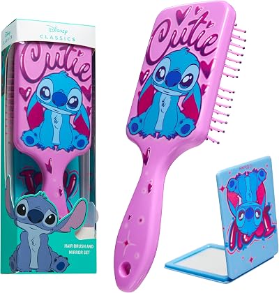 Disney Stitch Detangle Hair Brush & Compact Mirror Set for Girls Teens Women