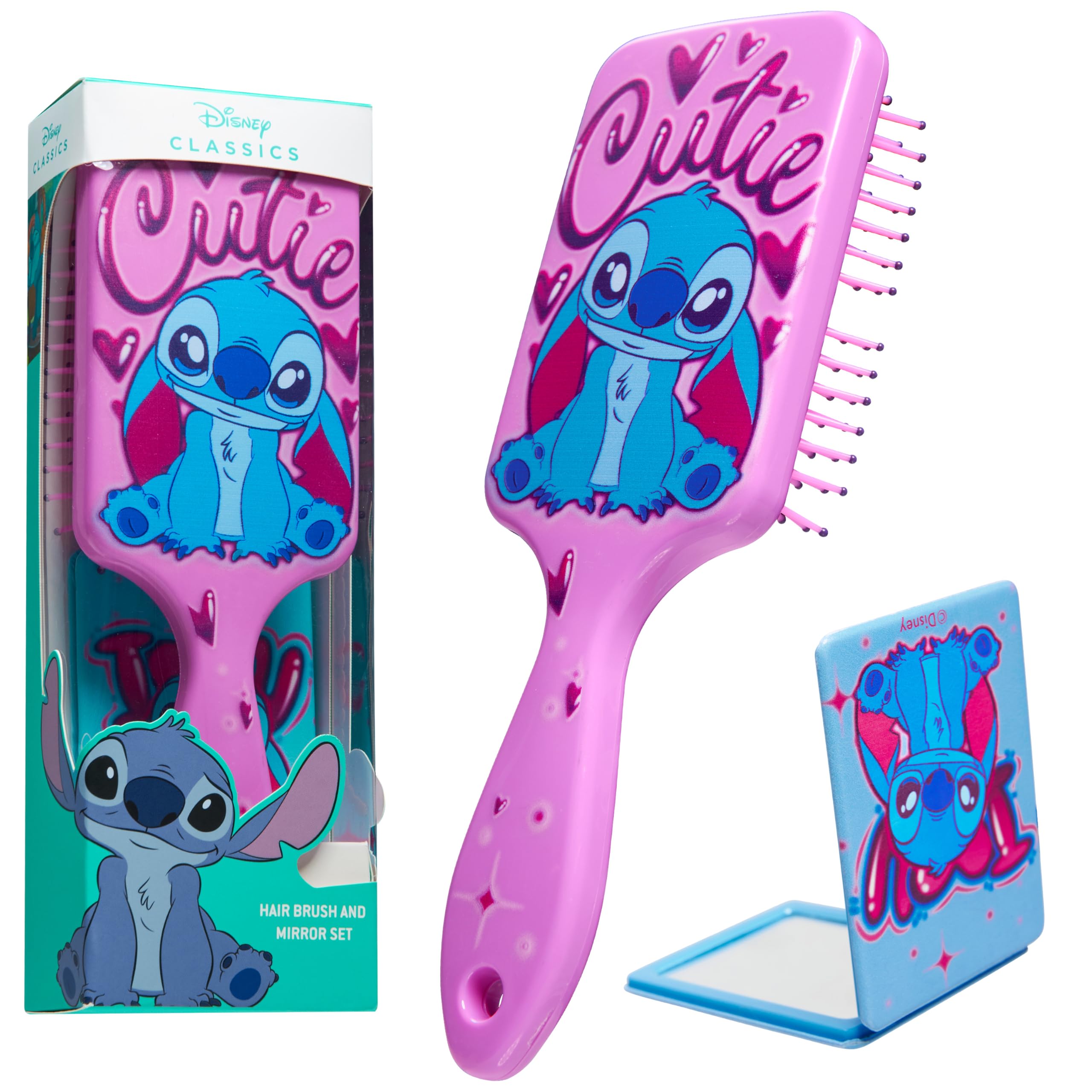 Disney Detangle Hair Brush for Women Teenagers Girls, Paddle Brush and Compact Mirror Set - Gifts for Girls (Stitch Brush & Mirror)