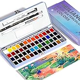 MEI LIANG Travel Watercolor Set, 52 Colors Watercolor Paint with 1 Drawing Pencil, 1 Paint Brush, 5 Watercolor Paper, 1 Sponge & 1 Black Drawing Pen, Water Colors Paint Adults Set, Blue Case