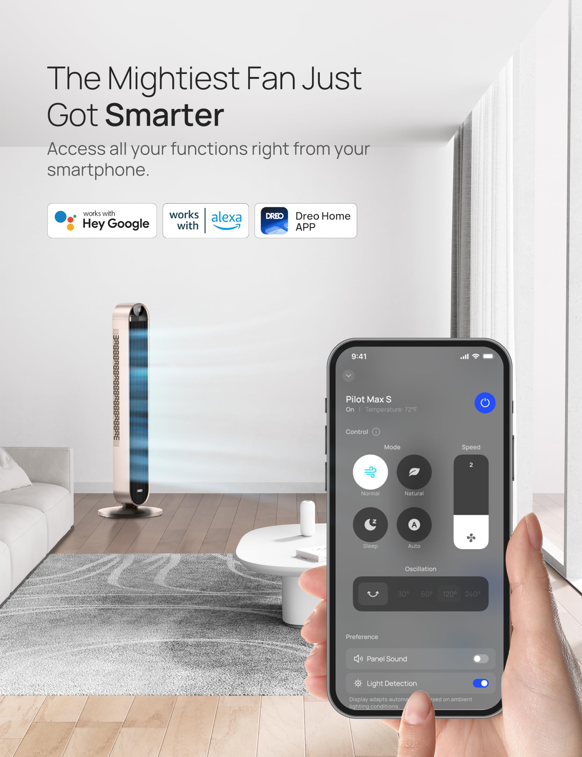 Dreo Smart Tower Fan Voice Control, 120° Oscillating Fan Works with Alexa/Google/App/Remote, 42 Inch, 25dB Quiet DC Bladeless Fan for Bedroom,12 Speeds, Floor Fan for Home, Office, Pilot Max S
