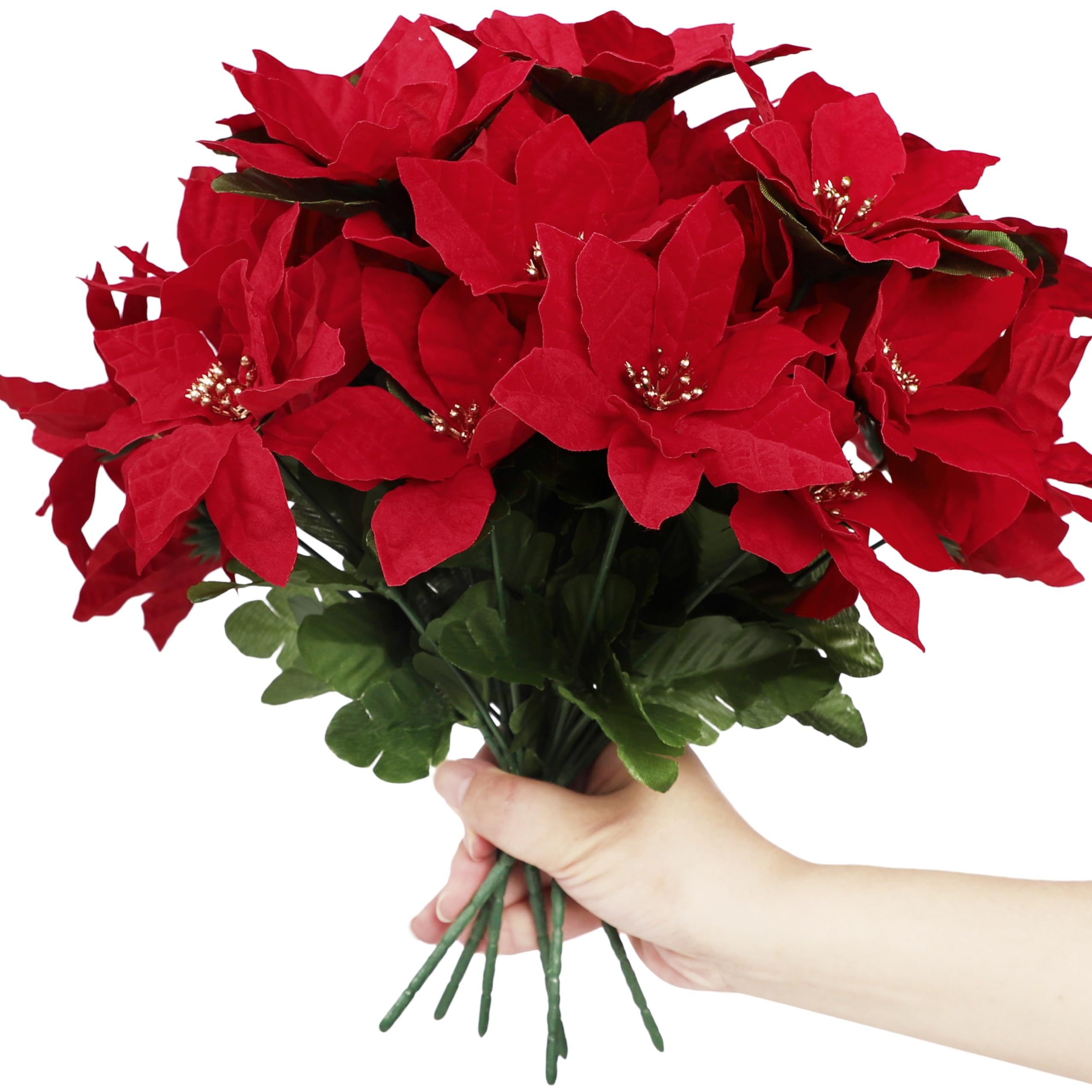 Homcomodar 4PCS Christmas Red Artificial Flower Christmas Poinsettia Bouquets, Flocked Fabric Artificial Christmas Flower for Christmas Holiday Festival New Year Decoration — image 1
