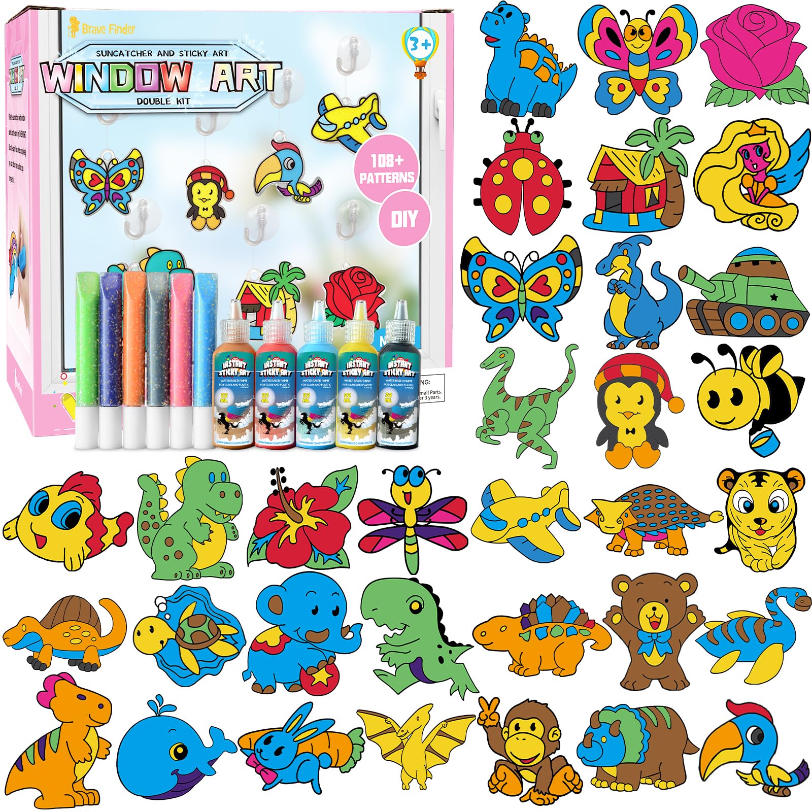 Photo 1 of Window Paint Art, 36 Suncatchers Double Craft Kit for Kids – Children’s Make Your Own Fun Suncatcher Set Suction Cups DIY Car & Mirror Arts Crafts Children