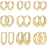 9 Pairs Small Gold/Silver Hoop Huggie Earrings Set for Women, 14K Gold Plated Chunky Hoop Small Earring Hypoallergenic Thick 