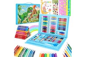 homicozy Art Supplies, Dinosaur Drawing & Coloring Set with Crayons, Colored Pencils, Markers, Sketchbook, Watercolor Cakes, Stencils, Arts and Crafts Painting Kit for Kids Ages 4-10, Girls Boys Gift