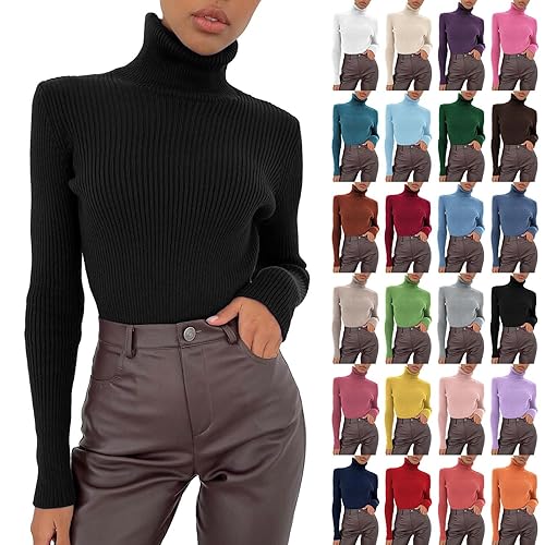 peiaclkde Ribbed Polo Neck Jumpers For Women Uk Thermal Tops Womens Long Sleeve Top Slim Fit Base Layers Soft Basic Top Plain Jumpers Lightweight Thermal Underwear Layering Tees Ladies Jumpers