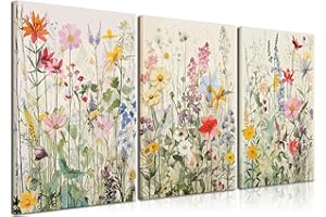 KISSFOX Framed Colorful Wildflower Canvas Wall Art Set Of 3 Flowers Pictures Prints Flowers Printing Floral Watercolors Flower wall Decor Living Room Girls Bedroom Bathroom