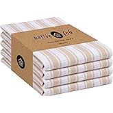 Native Fab Kitchen Dish Towels 16"x26" - Set of 4 - Absorbent Cotton Hand Towels, Restaurant Grade Dish Towels for Quick Drying, Cleaning, Dish Cloths Set with Hanging Loop - Beige and White