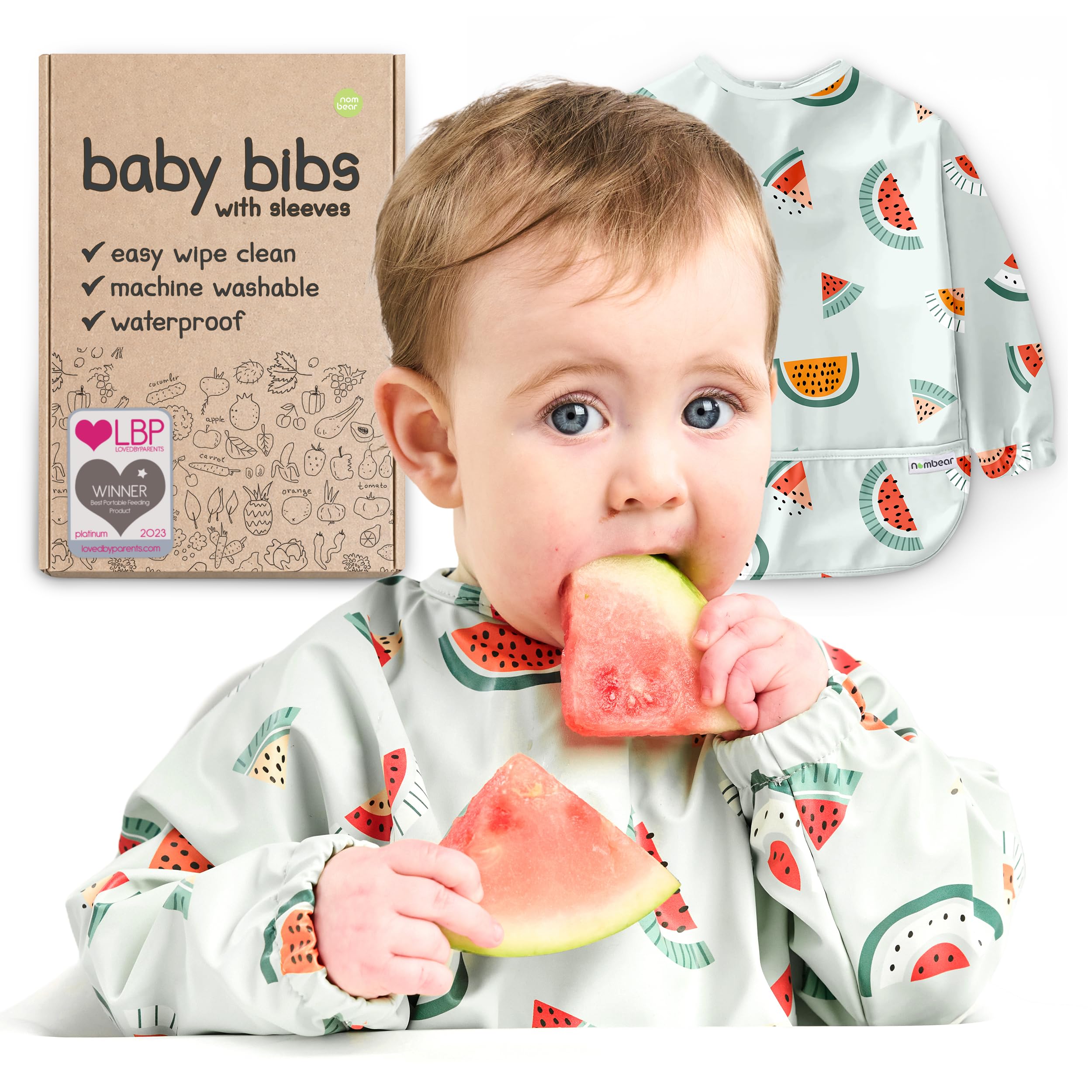 Nombear Baby Bibs with Sleeves for 6-24 Months, 1 Pack - Easy Wipe Clean, Machine Washable Baby Weaning Bib with Sleeves, Waterproof Long Sleeve Bibs, Non Silicone and Coverall Bib