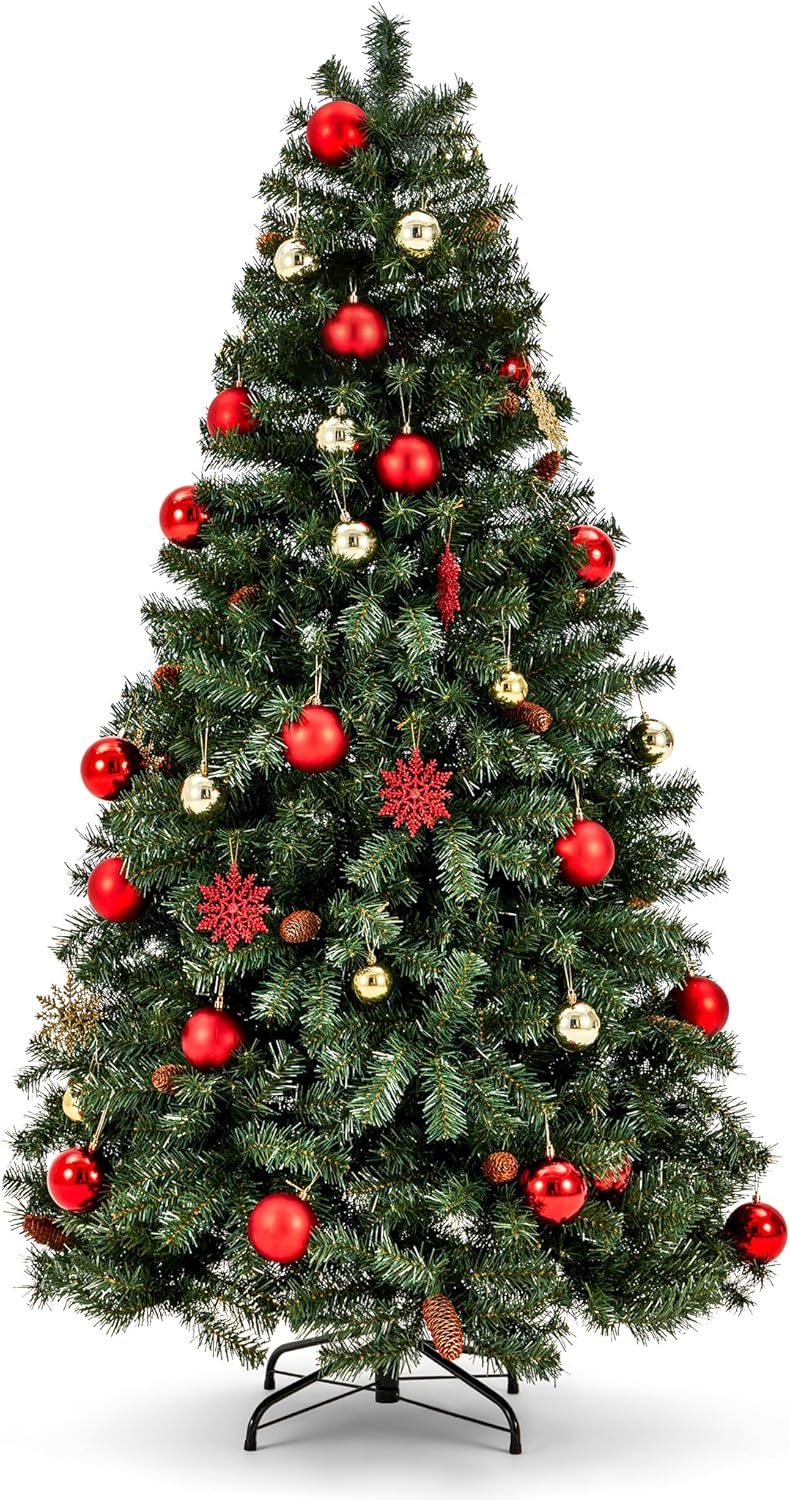 Trees - BUPPLEE 6ft Christmas Tree, Unlit Premium Hinged Holiday Artificial Christmas Tree w/1200 Branch Tips, Easy Assemble & Foldable Metal Stand, for Home, Office, Party Decorate-Contains 62 Xmas Ornaments