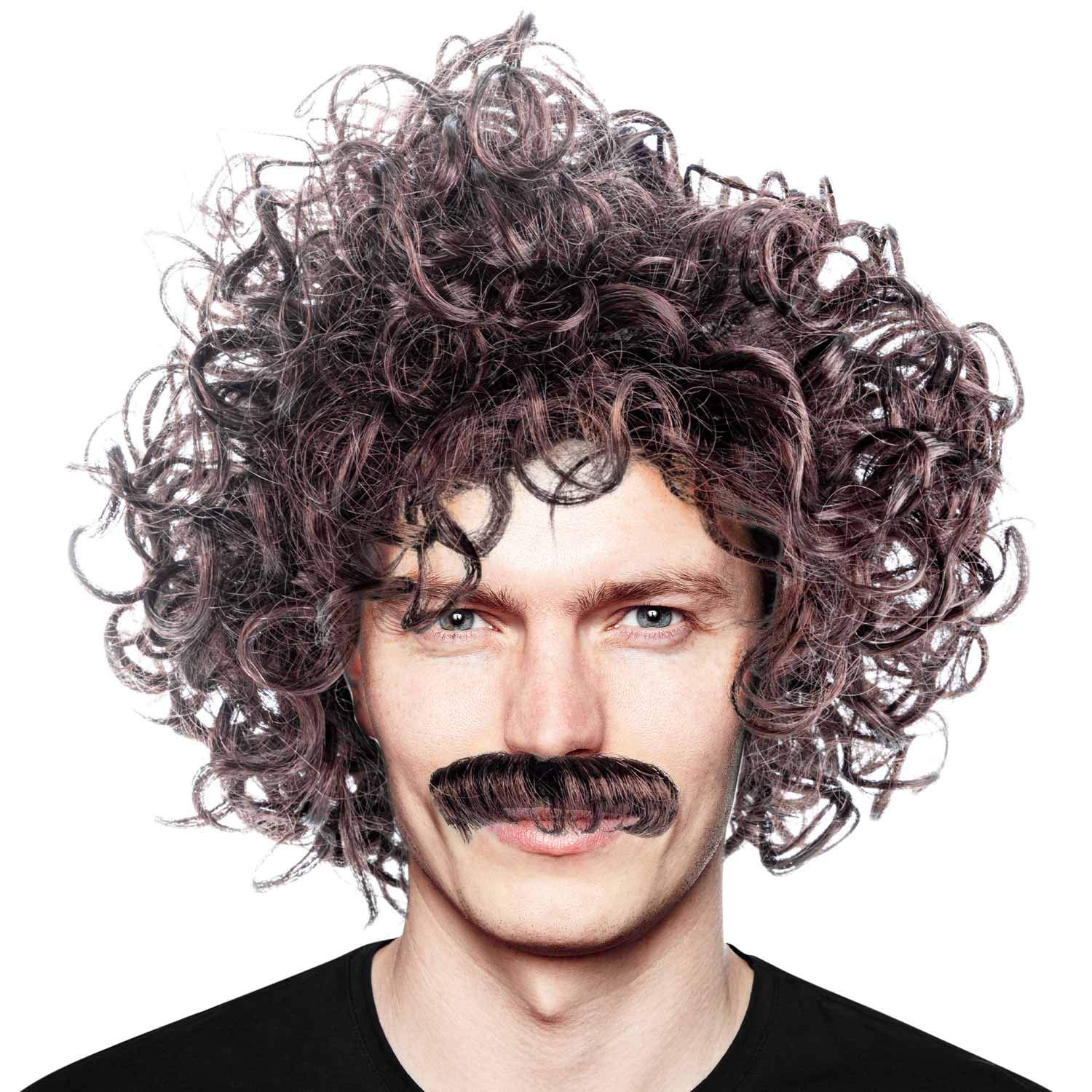 Mullet redneck wig with beard and hairnet; 70s & 80s look for Halloween, carnival, fancy dress and any other party; black curls, rockstar wig with moustache one size