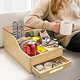 SouStoCol Couch Caddy with Cup Holders, Multi-Use Sofa Table with Flip Top Push-Pull Drawer, Sturdy Pine Wood Hold Hands Couch Cup Holder for Car, Living Room, Bedroom, Vanity