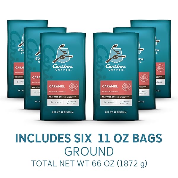 CARIBOU COFFEE, MEDIUM ROAST GROUND COFFEE, 100% ARABICA COFFEE – CARAMEL FLAVORED 66 OUNCES (6 BAGS OF 11 OUNCES)