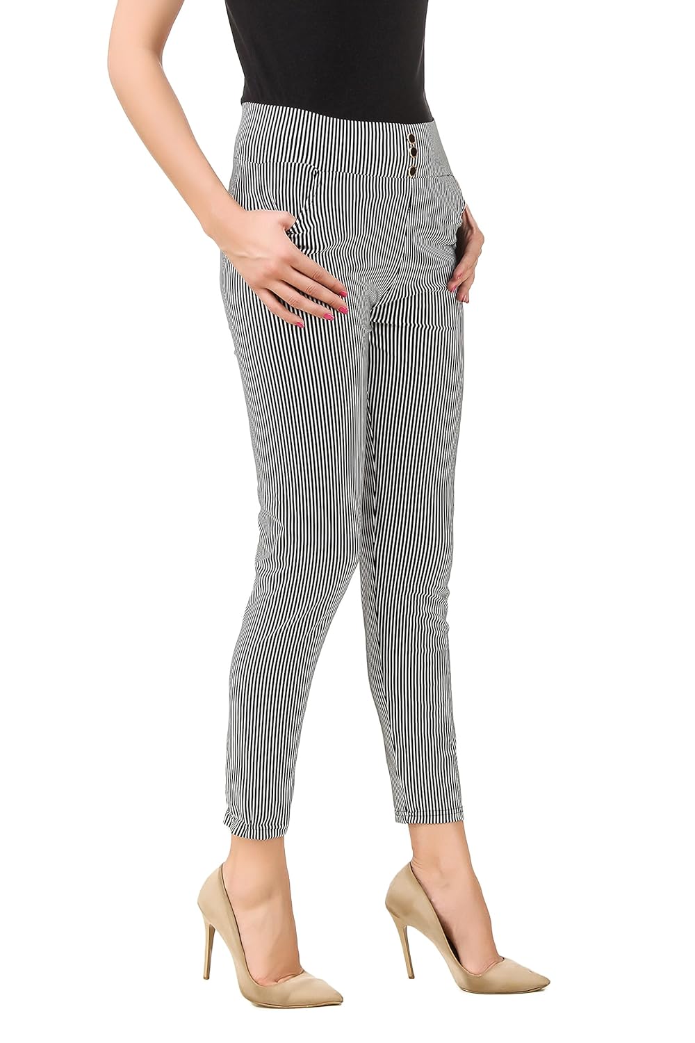 etrendz women's and girl's spandex striped jegging (etl1002_black&white_free size)