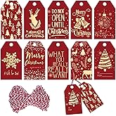 Whaline 120Pcs Christmas Gold Foil Paper Gift Tags Red Holiday Hang Name Tags with 32.8Ft Cotton Rope 10 Designs Metallic Glittery Holiday Wish Labels for for DIY Xmas Present, Xmas Party Decoration