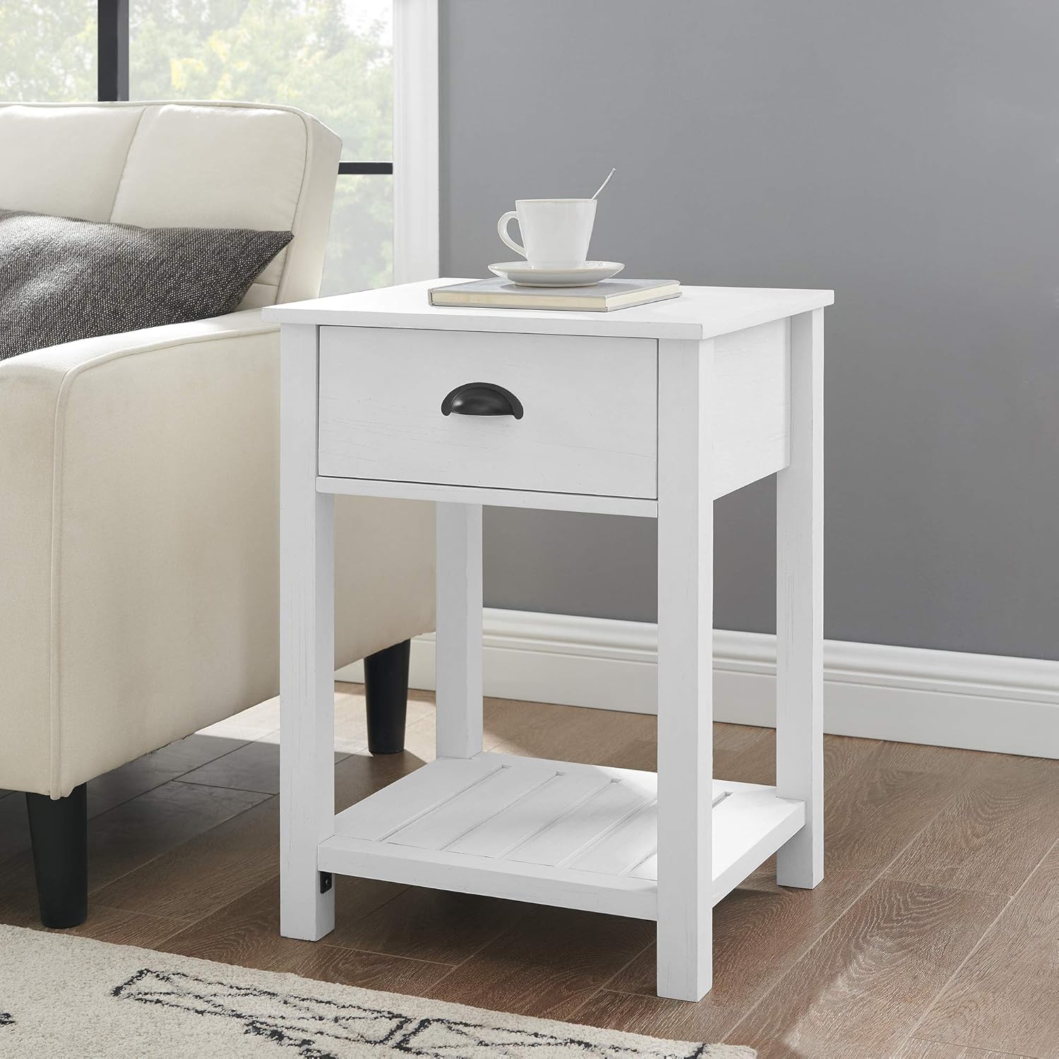 Amazon Com Walker Edison Farmhouse Square Side Accent Table Set Living Room Storage End Table With Storage Door Nightstand Bedroom 18 Inch Brushed White Furniture Decor
