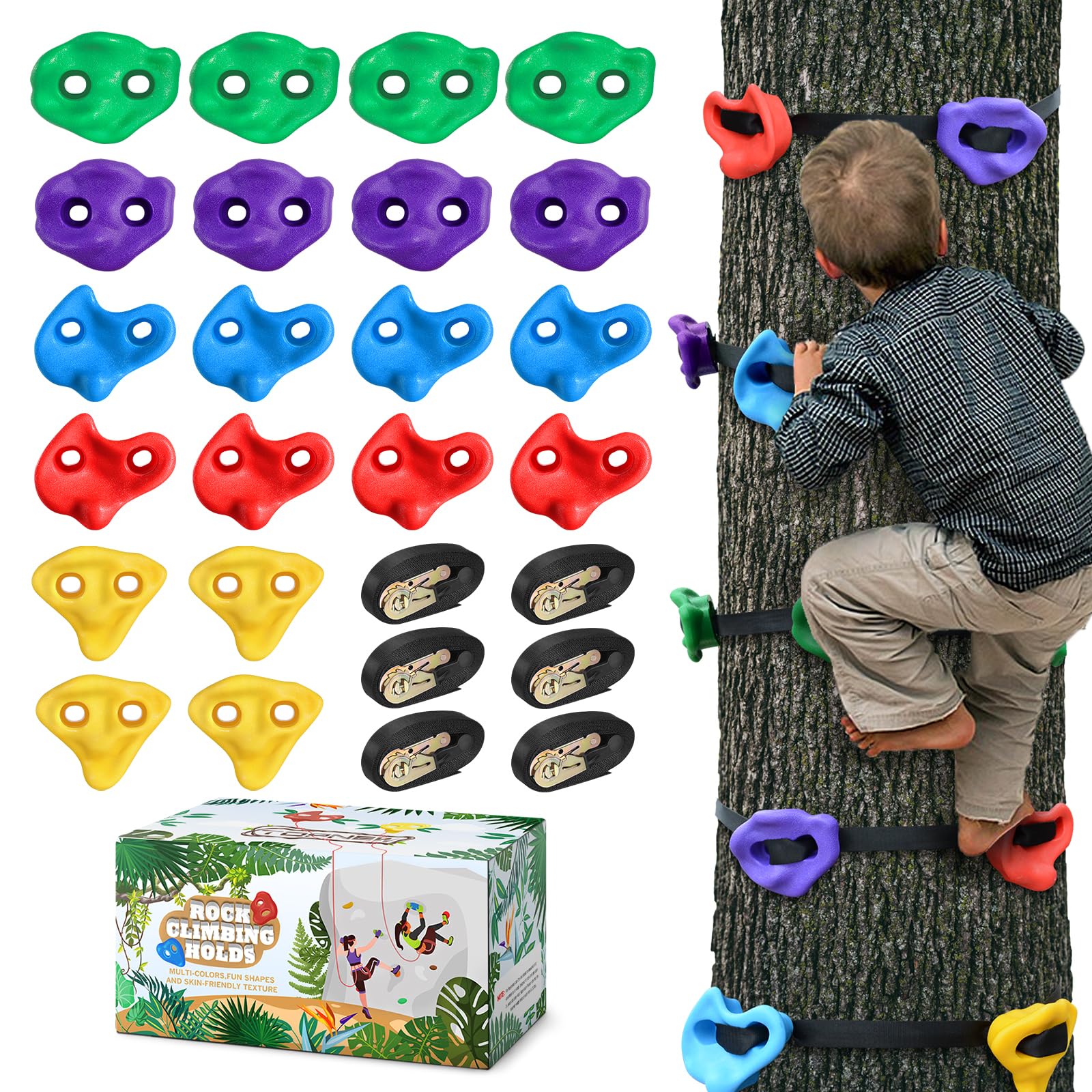 TOPNEW 20 Ninja Tree Climbing Holds for Kids Climber, Adult Climbing Rocks with 6 Ratchet Straps for Outdoor Ninja Warrior Obstacle Course Training