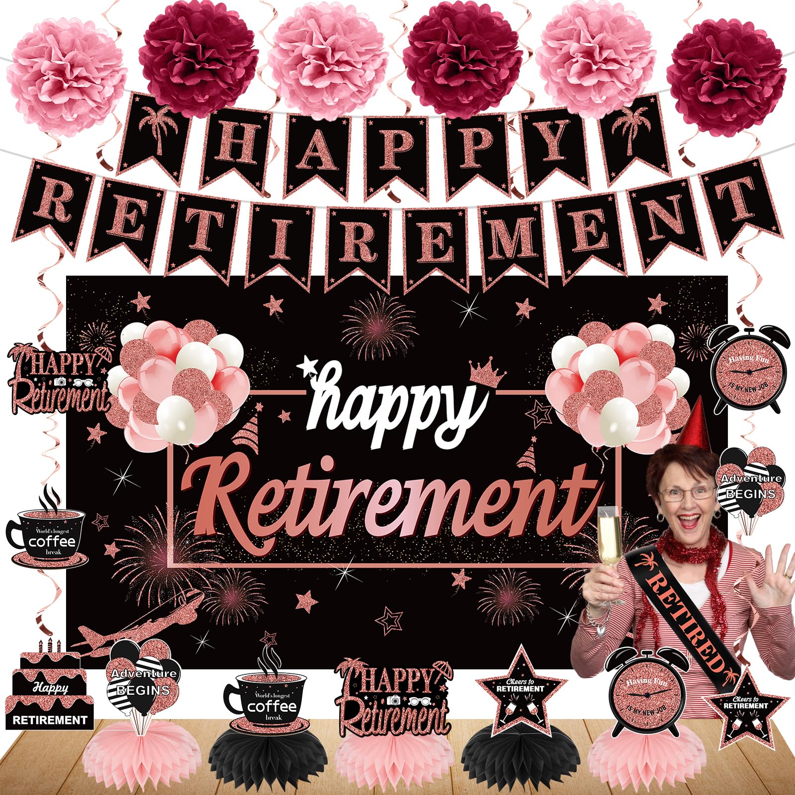 Photo 1 of Kuxriox 20PCS Happy Retirement Party Decorations Kit for Women, Rose Gold Retirement Backdrop Balloons Honeycomb Centerpiece Swirl Paper Pompoms Party Supplies, Retired Sash Table Topper Swirls Set