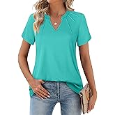 Furnex Womens Summer Blouses Business Casual Short Sleeve Tops for Work Pleated V Neck Shirts