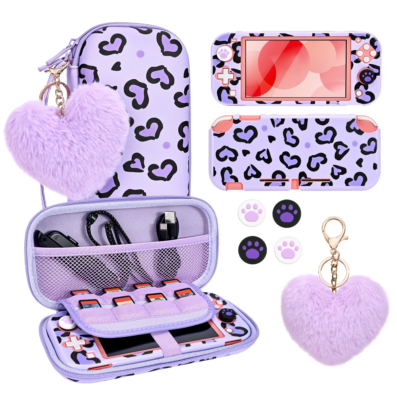 DLseego Love Leopard Carrying Case for Switch Lite 2019 Accessories Set, Portable Carrying Case with 1 Hard PC Shell & 8 Slots & 1PCS Plush Heart Pendant & 4PCS Cat Paw Thumb Grips Caps- Purple