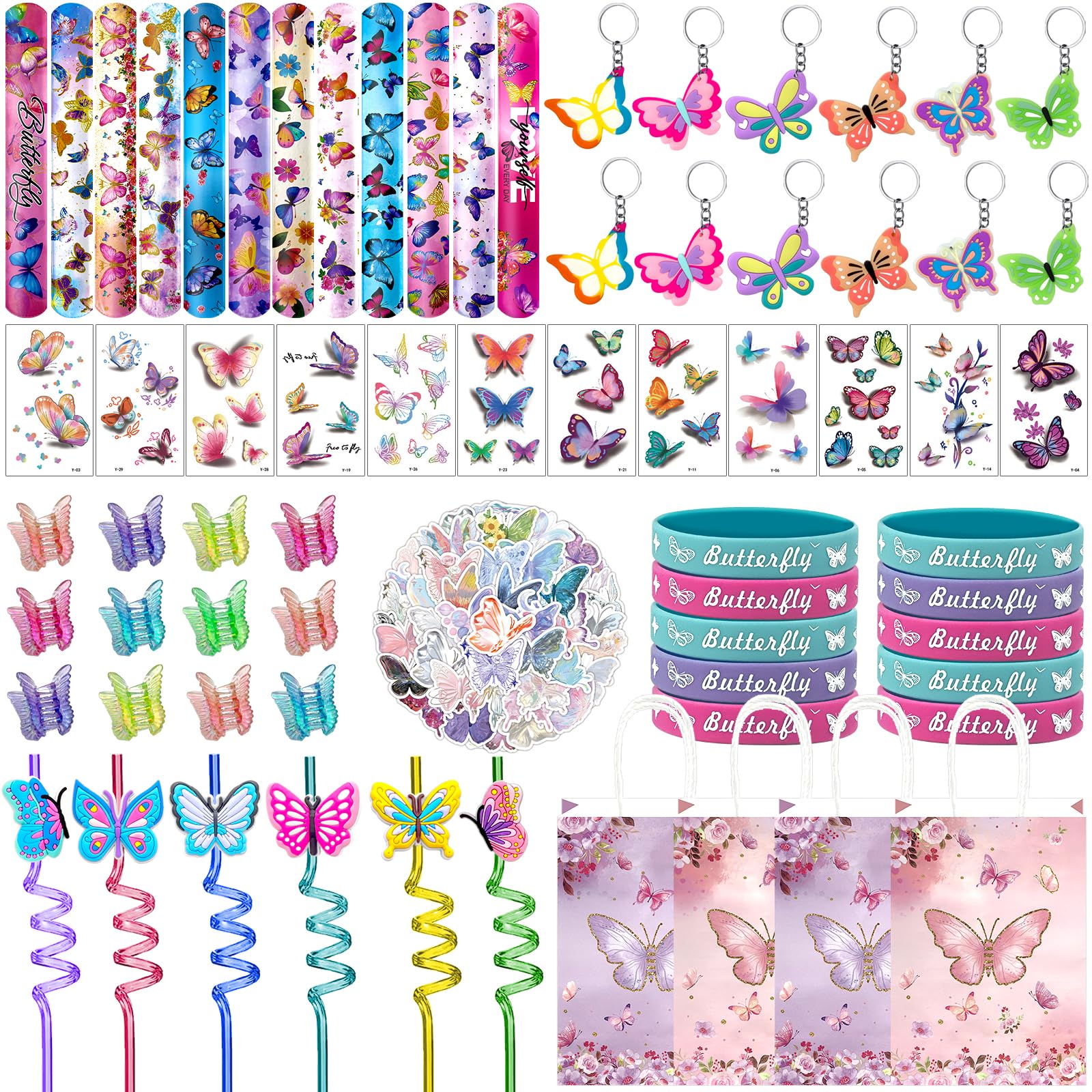 Photo 1 of Joyvorite 144 Pcs Butterfly Party Favors Set with Butterfly Straws Keychains Slap Bracelet Tattoo Stickers Wristbands Hair clips Goodie Bags Butterfly Party Supplies Butterfly Birthday Decorations