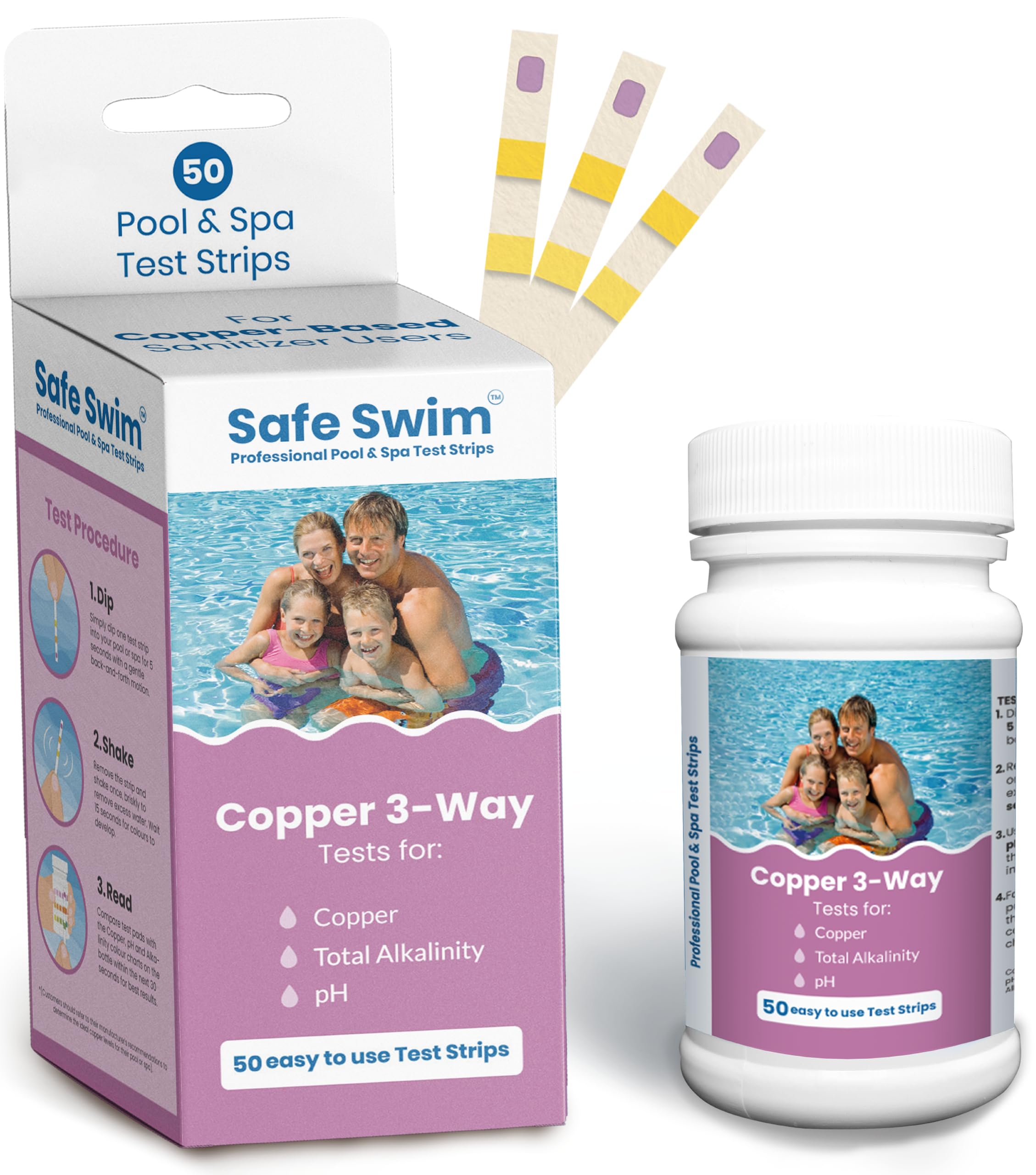 Safe Swim Copper 3-Way - Hot Tub, Swimming Pool and Spa Test Strips - Bottle of 50 - Measures Copper, PH and Total Alkalinity - Made in the USA.