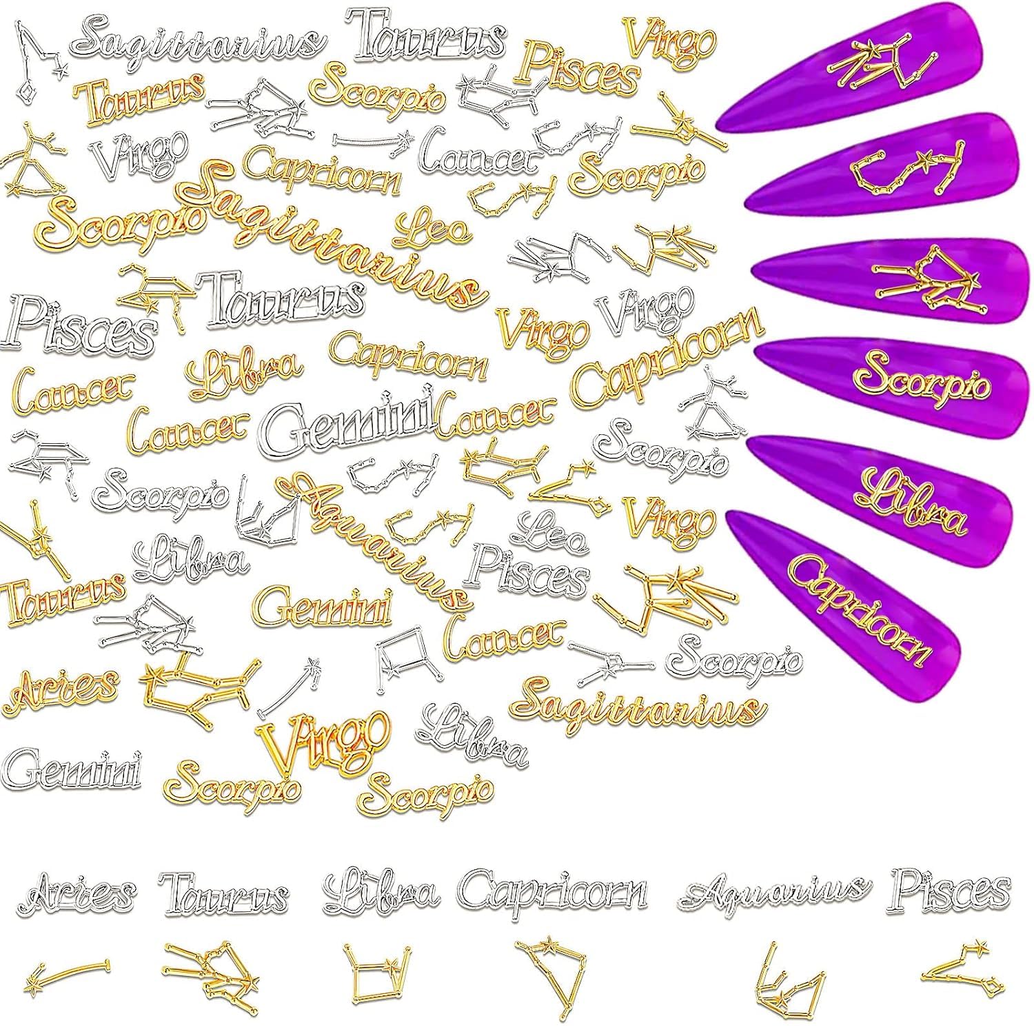 BNJZWJJ 3D Zodiac Charms Set, 48 Pcs Smooth Surface Charms for Making Jewellery, Bracelets, Resin, DIY Nail Art Decoration (Gold, Silver)