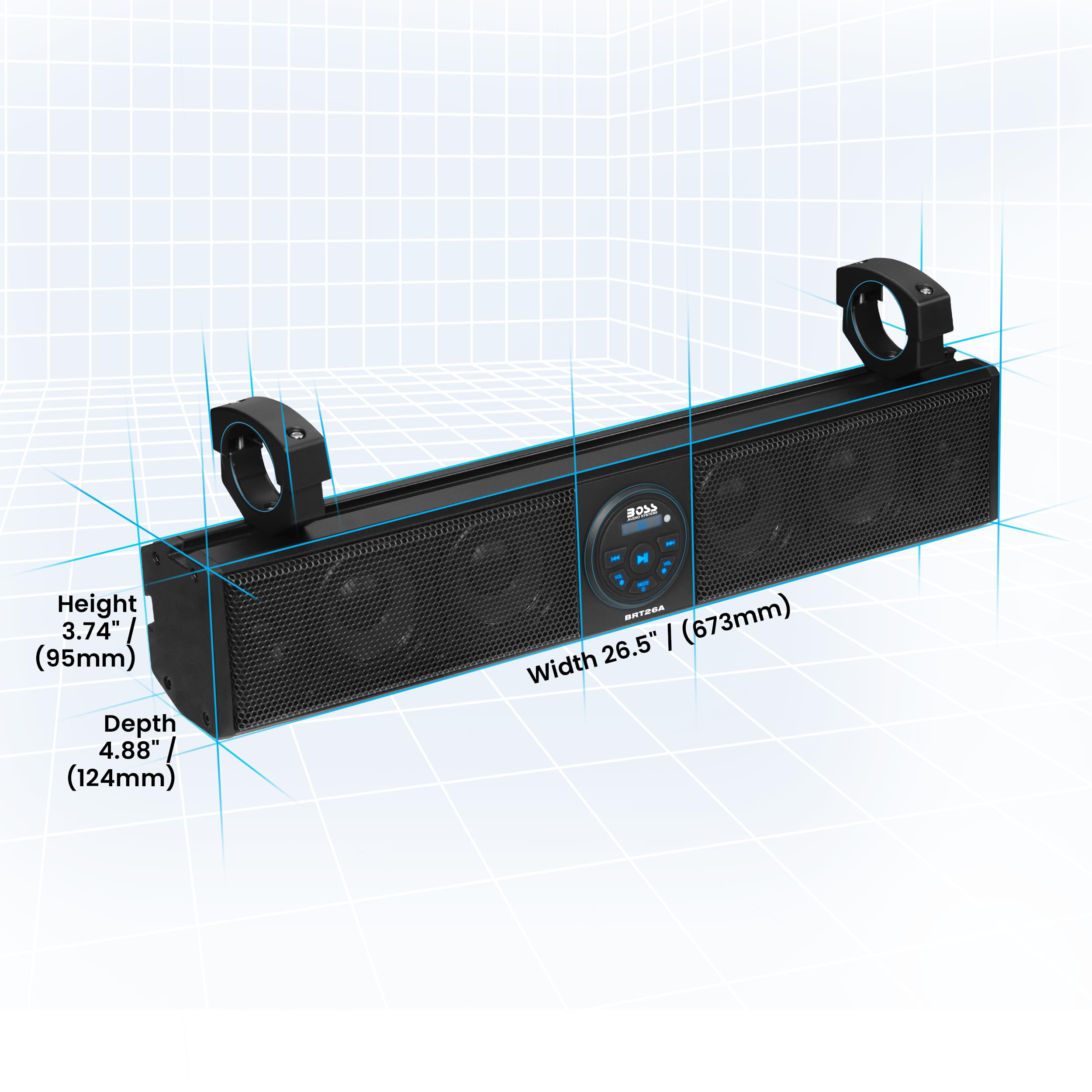 BOSS Audio Systems BRT26A ATV UTV Sound Bar - 26 Inch Wide, 4 Inch Speakers, 1 Inch Soft Dome Tweeters, Full Range, IPX5 Weatherproof, Bluetooth, Built-in Amplifier, Golf Cart Compatible