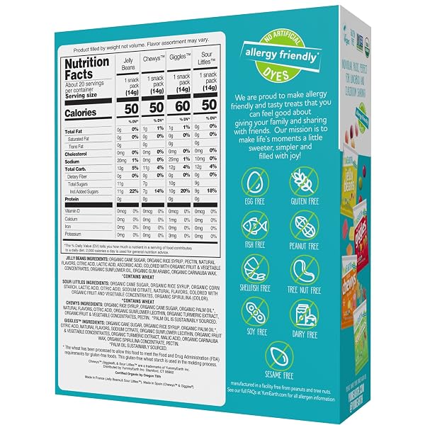 YUMEARTH ORGANIC VARIETY BOX – JELLY BEANS, GIGGLES, CHEWYS, SOUR LITTLES – ALLERGY FRIENDLY (TOP 9 FREE), NO ARTIFICIAL DYES, NON GMO, GLUTEN FREE, VEGAN -INDIVIDUALLY WRAPPED (PACK OF 20)