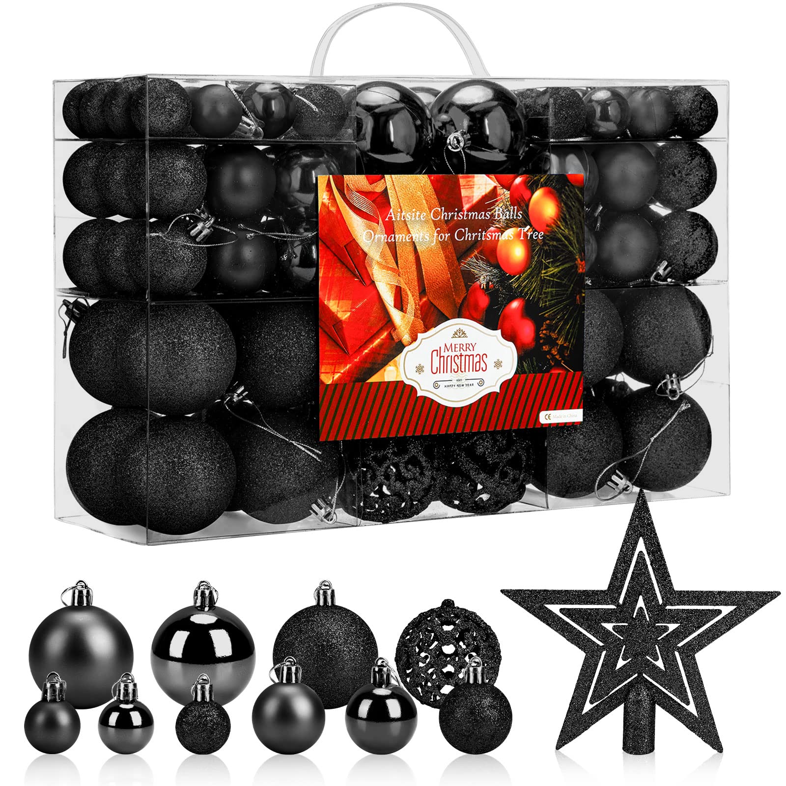 Aitsite Christmas Baubles - 101 Pcs 2/4/6 CM Shatter Proof Tree Decorations in Black, Hanging Ornaments for Xmas Home Festival Decor
