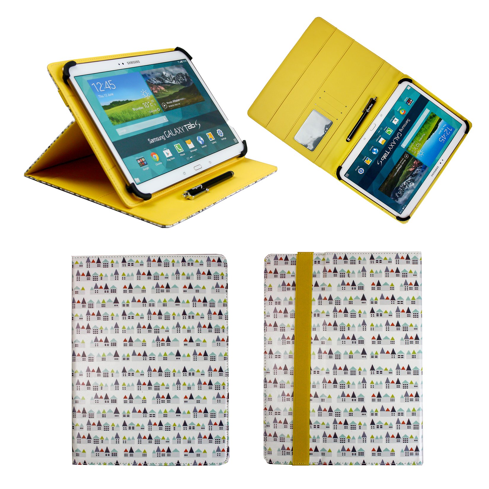 Emartbuy Universal 10-11.5 Inch Townhouses Multi Angle Folio Wallet Case Cover With Card Slots Yellow Elastic Strap and Stylus Pen Compatible With Selected Devices Listed Below