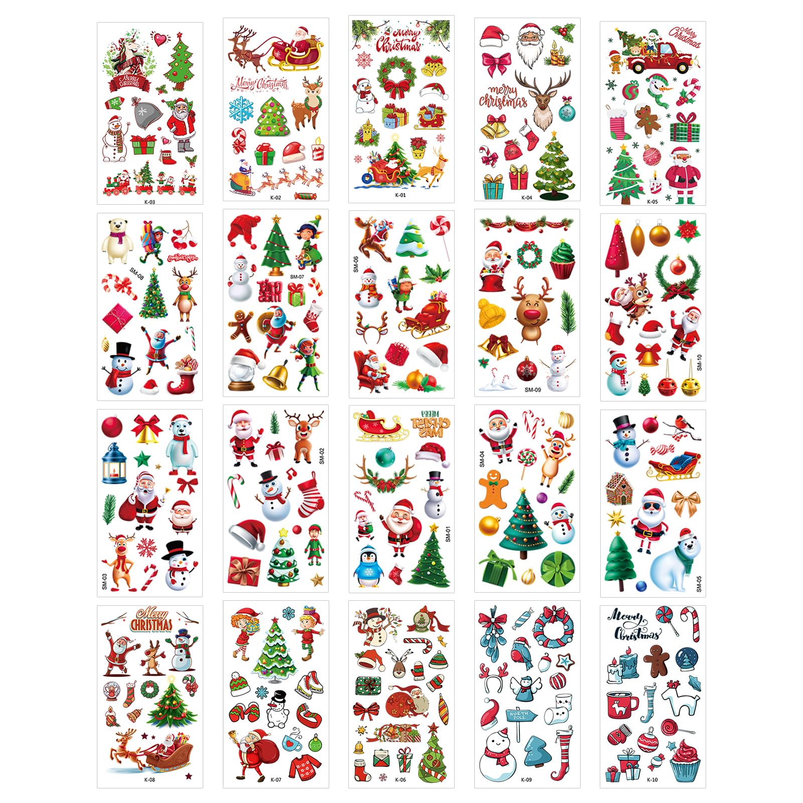 20 Sheets Christmas Temporary Tattoos for Kids, Snowmen Santa Elk Bell Wreath Present Box Tattoo Stickers Christmas Stocking Stuffers Party Favor Decoration Supplies