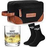 Honeydak 3 Pack Godfather Gift Set for Men Includes Whiskey Glass Funny Godfather Socks and Toiletry Bag with Leather Patch Birthday Proposal Gift from Godchild