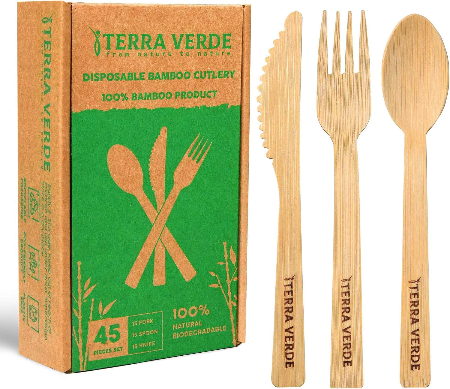 Eco Friendly Disposable Biodegradable Bamboo Wooden Cutlery Set 45 Pcs ...
