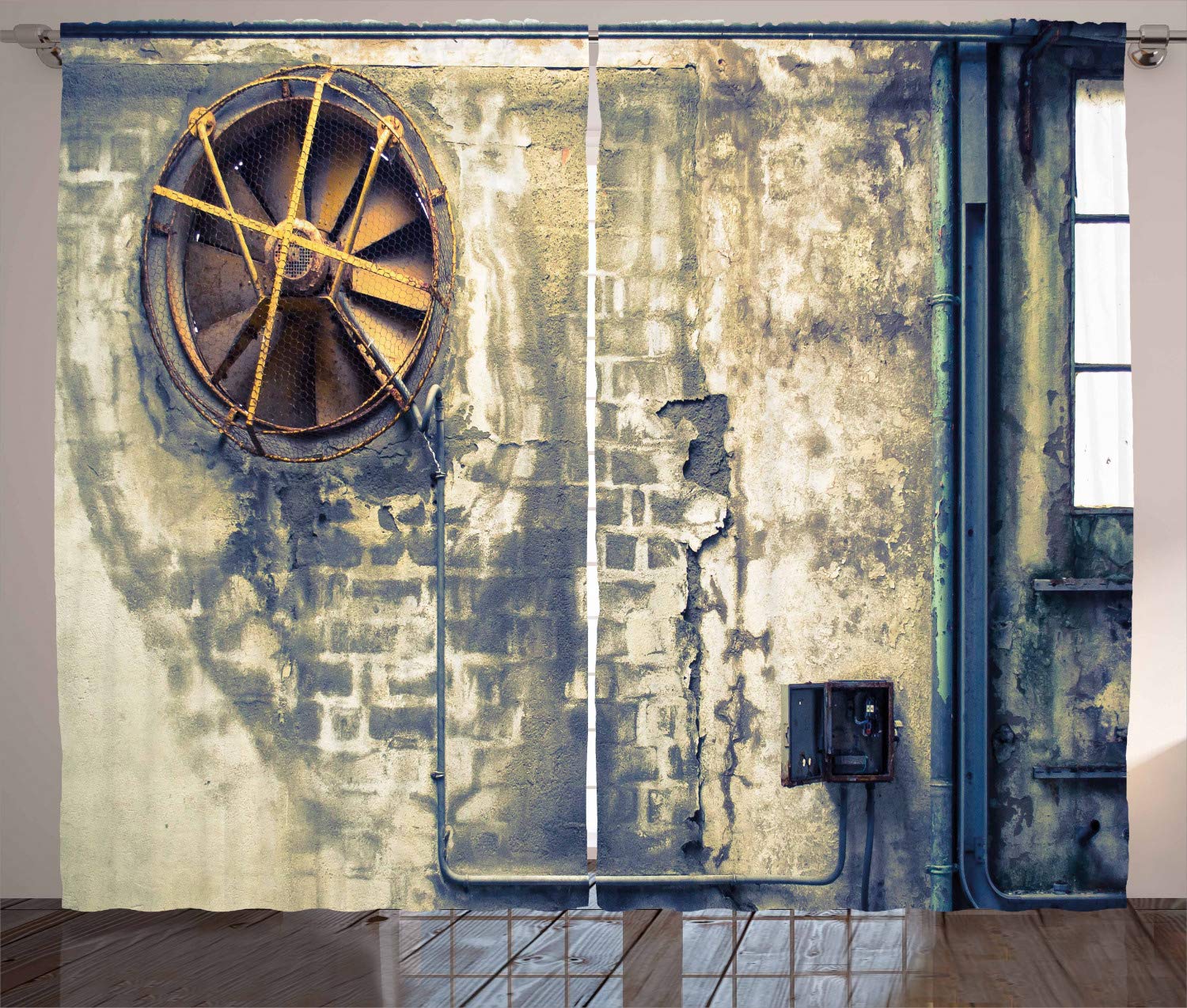 ABAKUHAUS Industrial Curtains, Damaged Wrecked Wall Image Destruction Vandalism Theme Broken Deserted Workplace, Living Room Bedroom Window Drapes 2 Panel Set, 280 x 225 cm, Beige Green