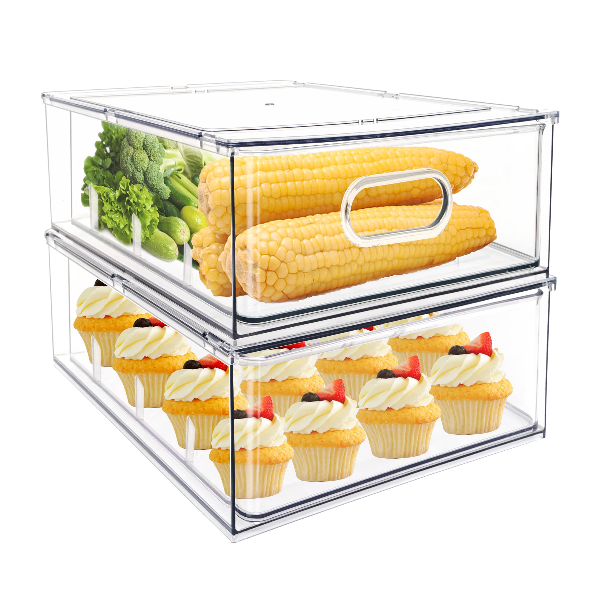 Photo 1 of MANO 2Pack Clear Fridge Drawers Pull Out Stackable Refrigerator Drawer Organizer Bins Pantry Storage Box Plastic Food Containers for Kitchen Bathroom Office Closet (X-Large)