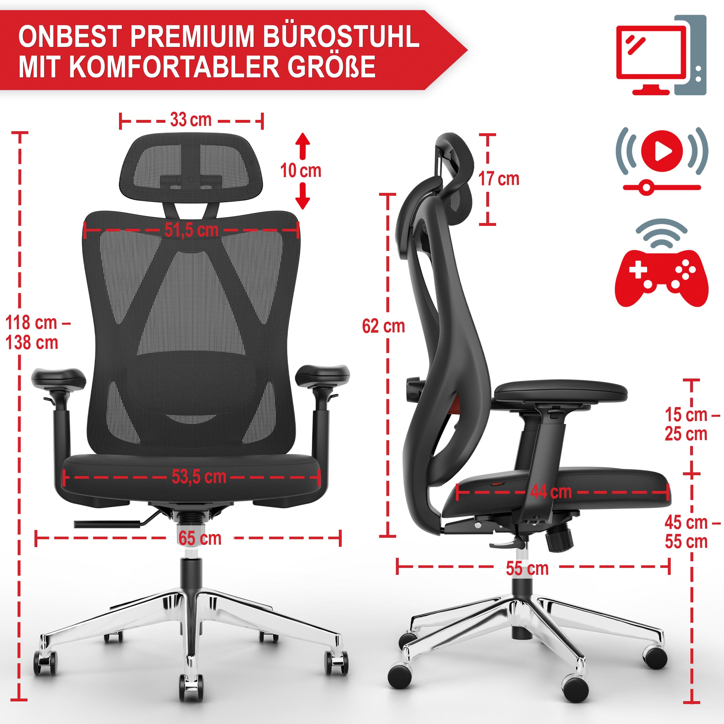 Onbest ergonomischer Bürostuhl für Homeoffice & Büro - mit Lordosenstütze, Verstellbarer Kopfstütze & Armlehnen - atmungsaktiver Mesh-Rücken, breite Sitzfläche, leise Rollen - bis 150 kg belastbar 7