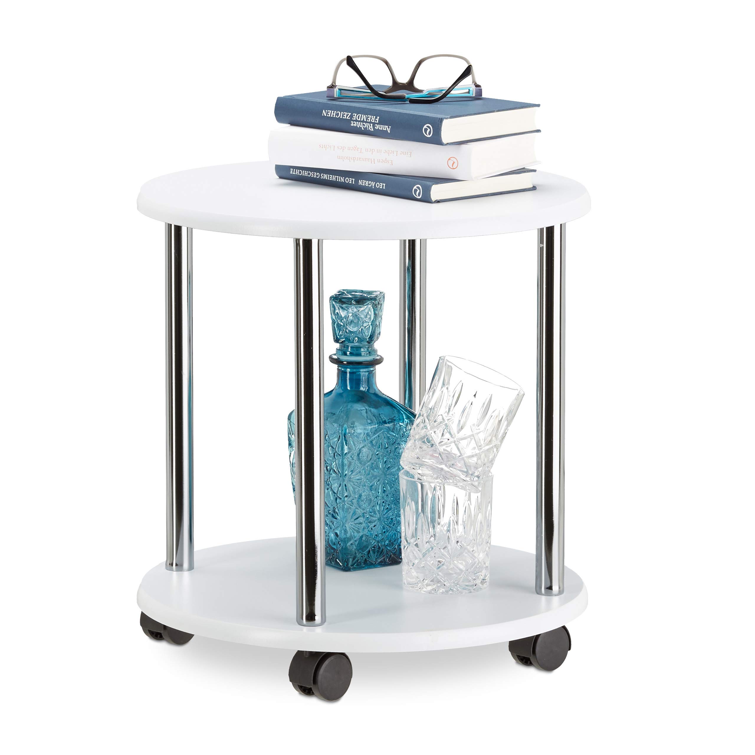 Relaxdays Wooden Side Table, Multipurpose Cart on 4 Castors, Small Coffee Table & Kitchen Trolley, Round, HWD: 41.5 x 40 x 40 cm, White