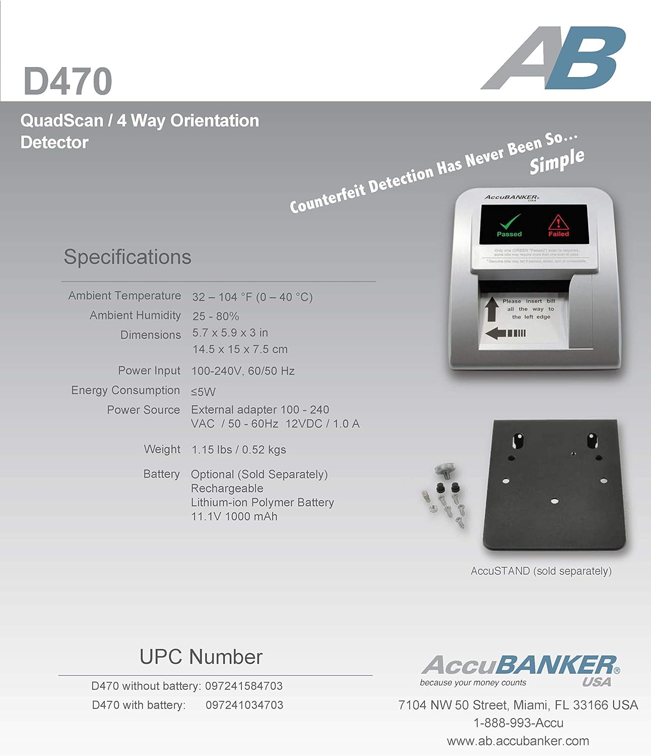 AccuBANKER D470 Quadscan 4-Way Orientation Counterfeit Detector with UV, MG, IR, WM, Image, Length, Spectrum Counterfeit Detection Methods - Optional Battery for Portable Use (No Battery) : Office Products